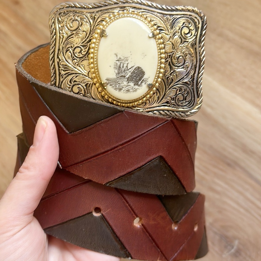 Vintage Sailing Ship Belt Buckle Leather Belt